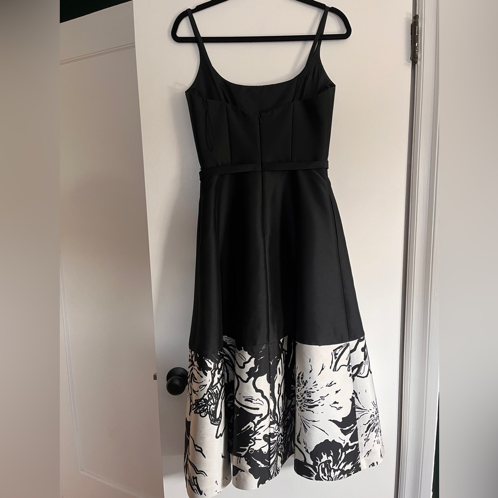 Theia Black and White Floral Midi Dress